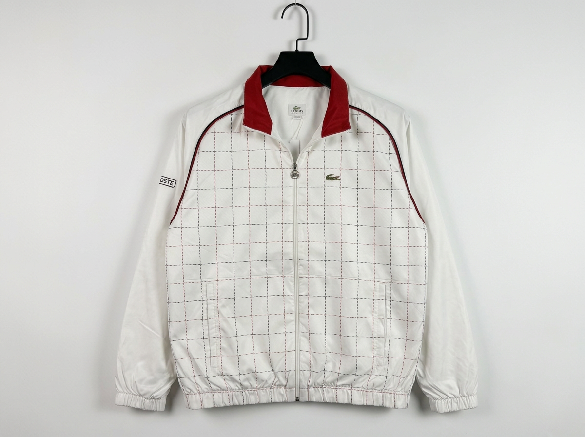 Size XL — Vintage Lacoste Sport Check Windbreaker Jacket White Red Full Zip