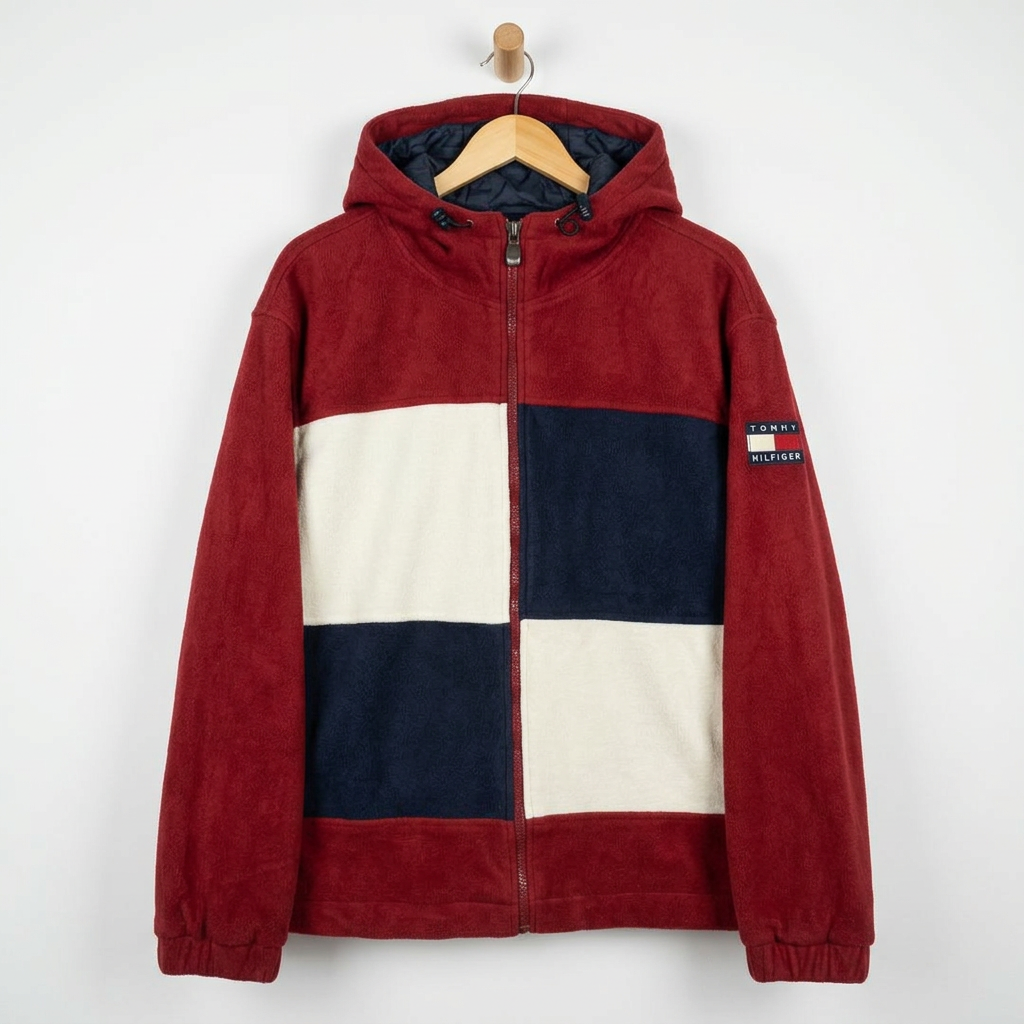 Size XL — Vintage 1990s Tommy Hilfiger Big Flag Fleece Hooded Jacket