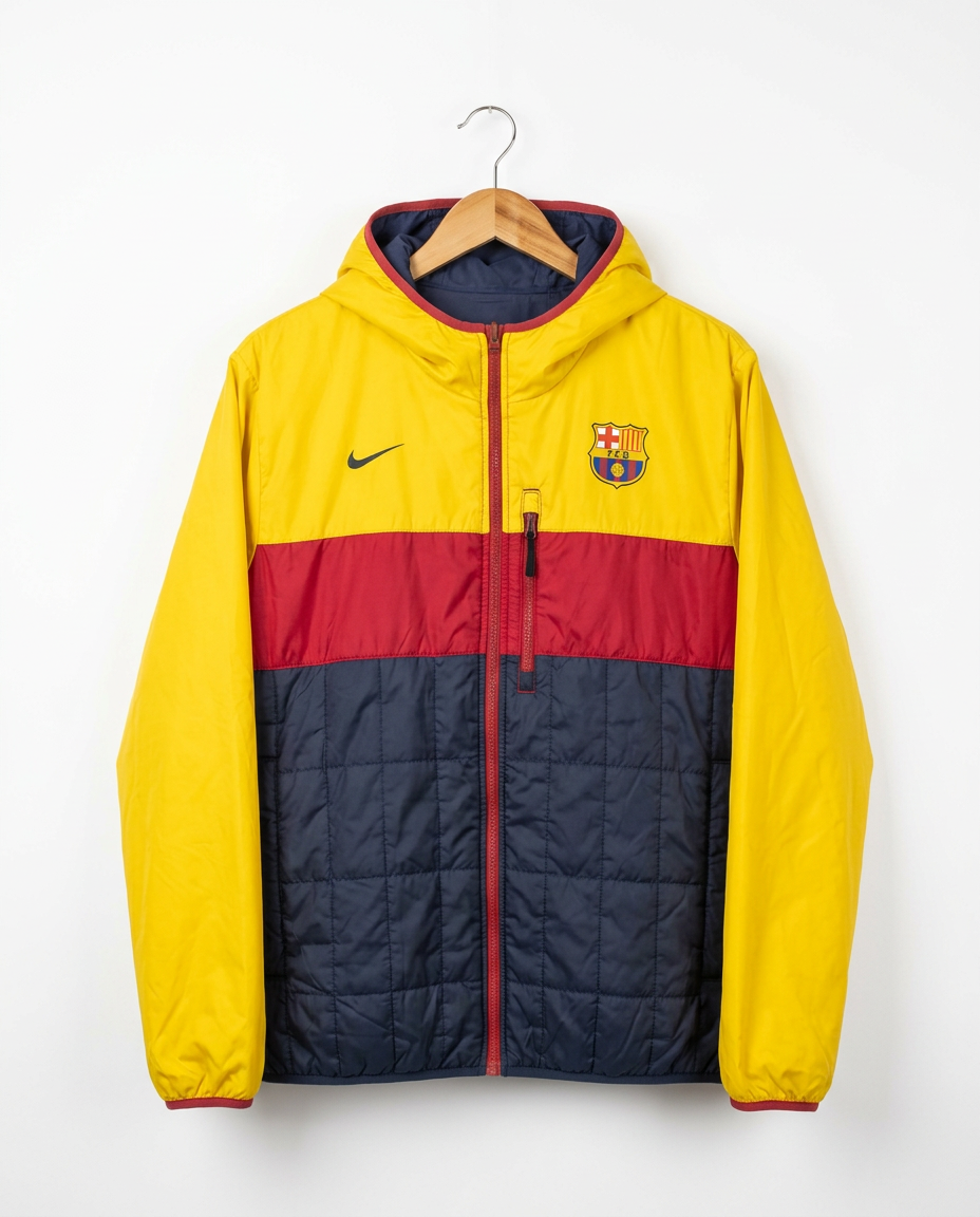 Size L — 2008/09 Nike FC Barcelona Reversible Hooded Puffer Jacket Yellow/Navy