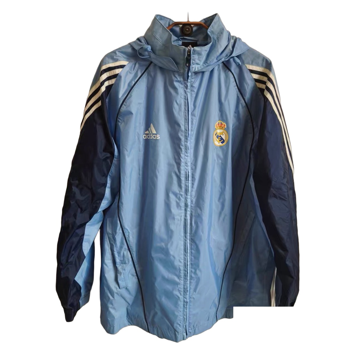 Size M — 2005 Adidas Real Madrid Hooded Windbreaker Jacket Blue