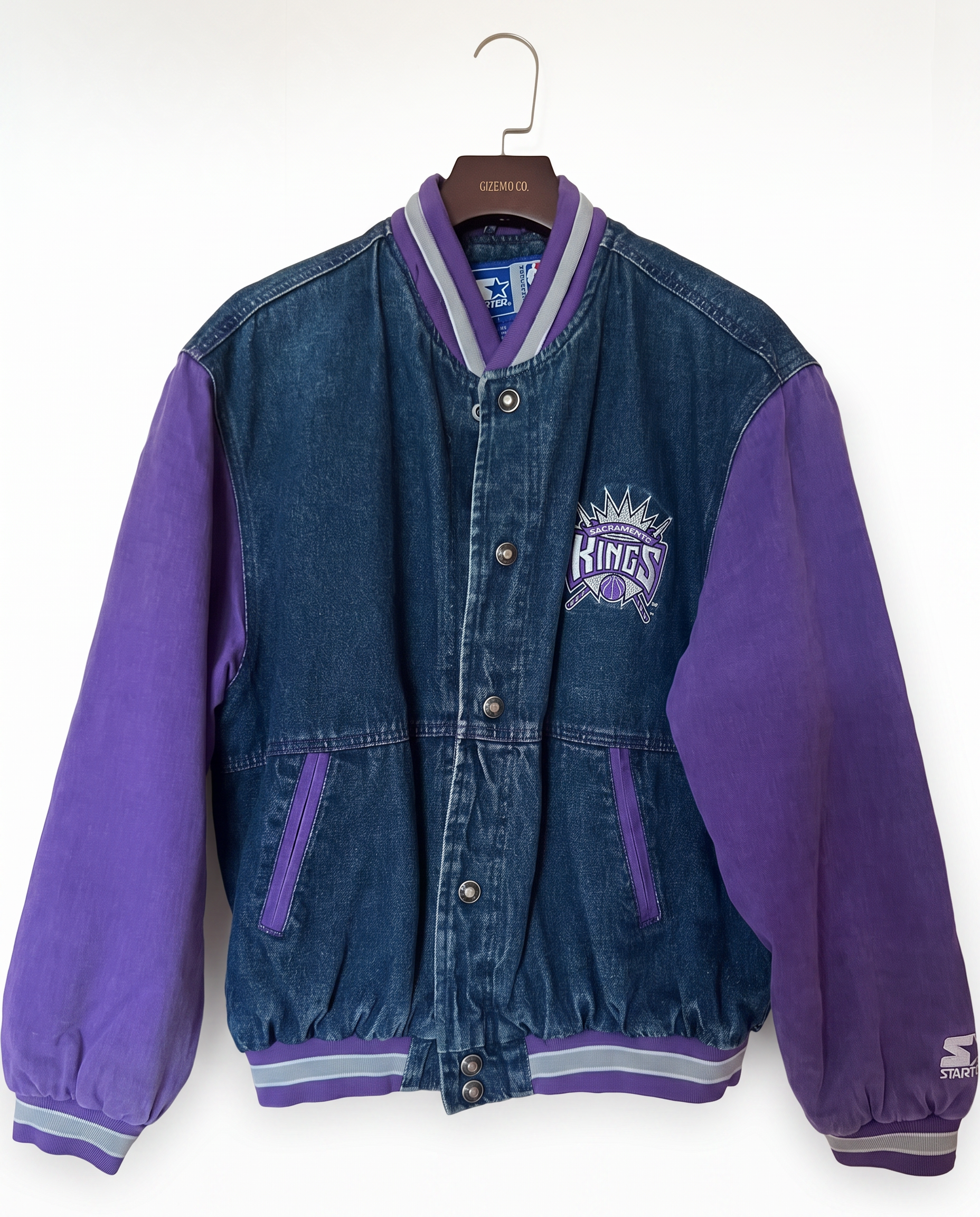 Size M — Vintage 90s Starter Sacramento Kings Denim Varsity Jacket NBA Made in Macau