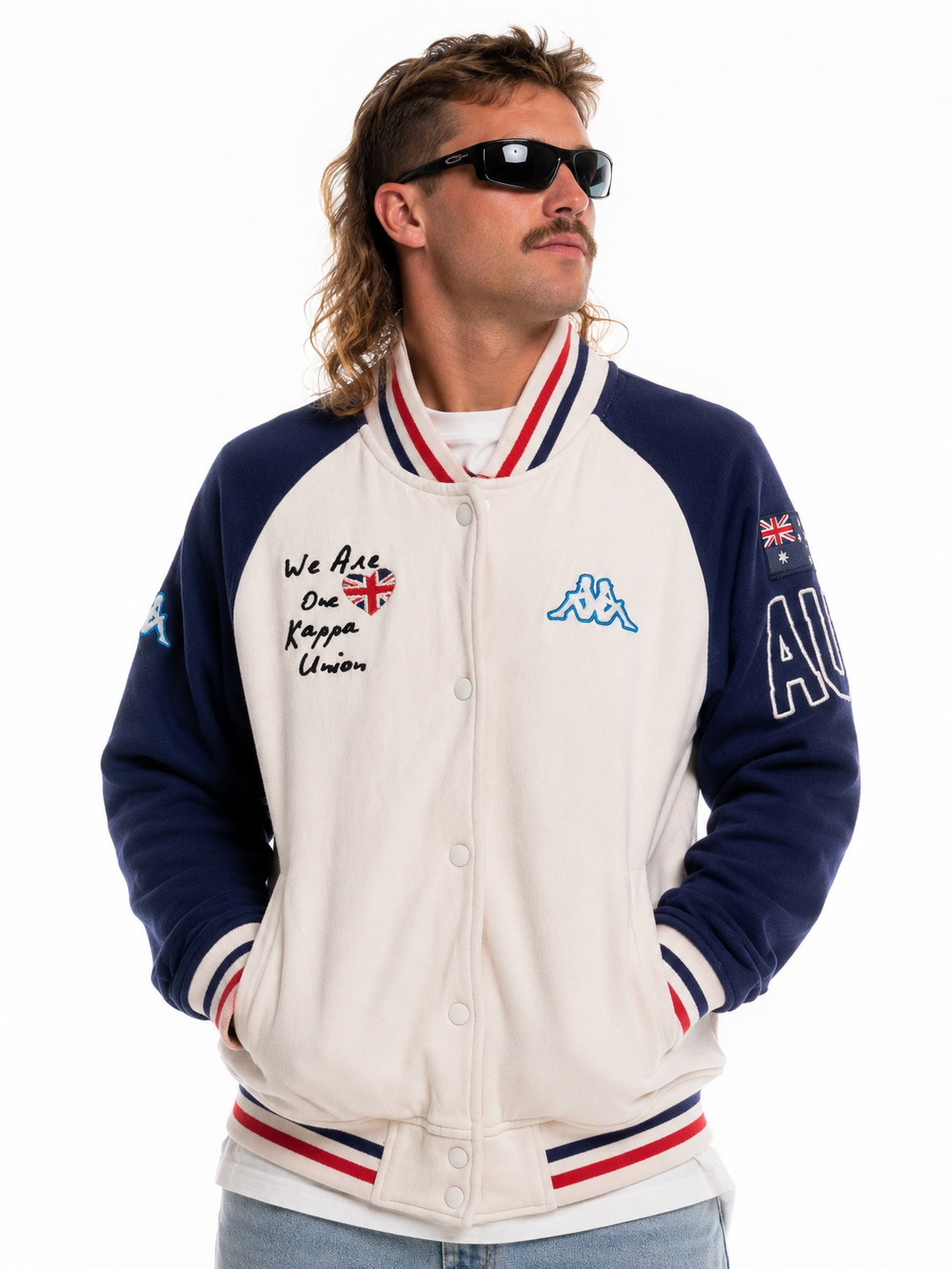 Model wearing a vintage Kappa Australia varsity jacket