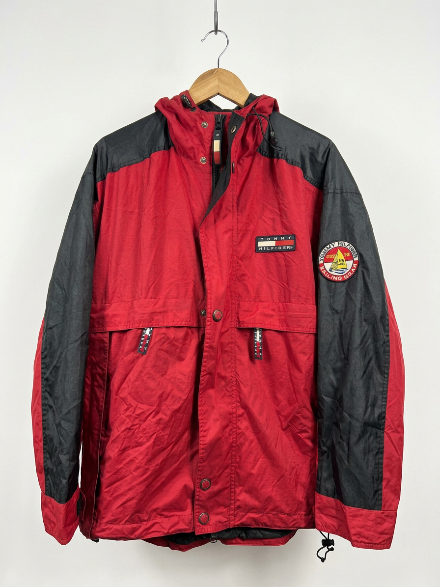 Size L — Vintage 1990s Tommy Hilfiger Sailing Gear Hooded Jacket Red/Black