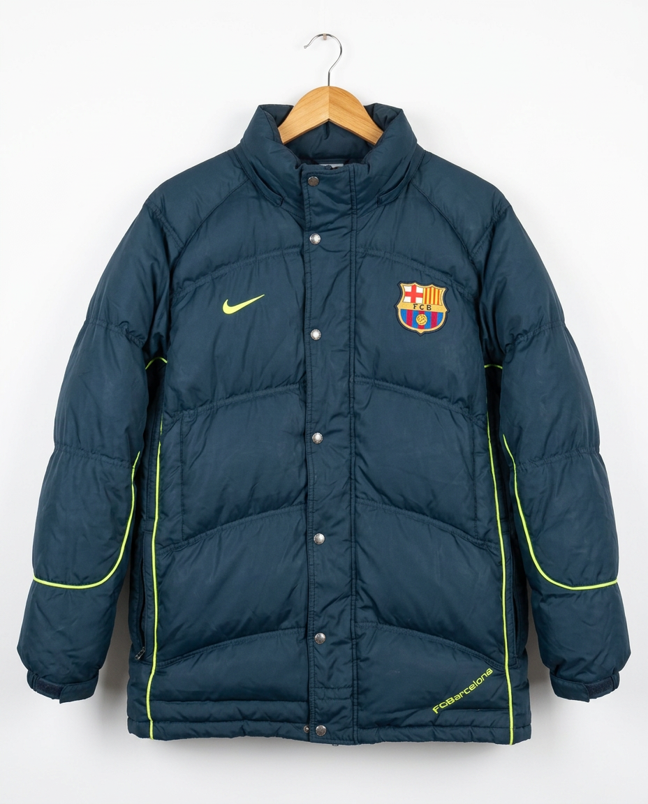 Size S — 2006/07 Nike FC Barcelona Down Puffer Jacket Navy/Volt (Messi Era)