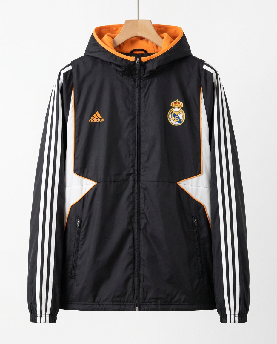 Size 2XL — 2011–12 Adidas Real Madrid Clima365 Hooded Windbreaker Jacket Black/Orange