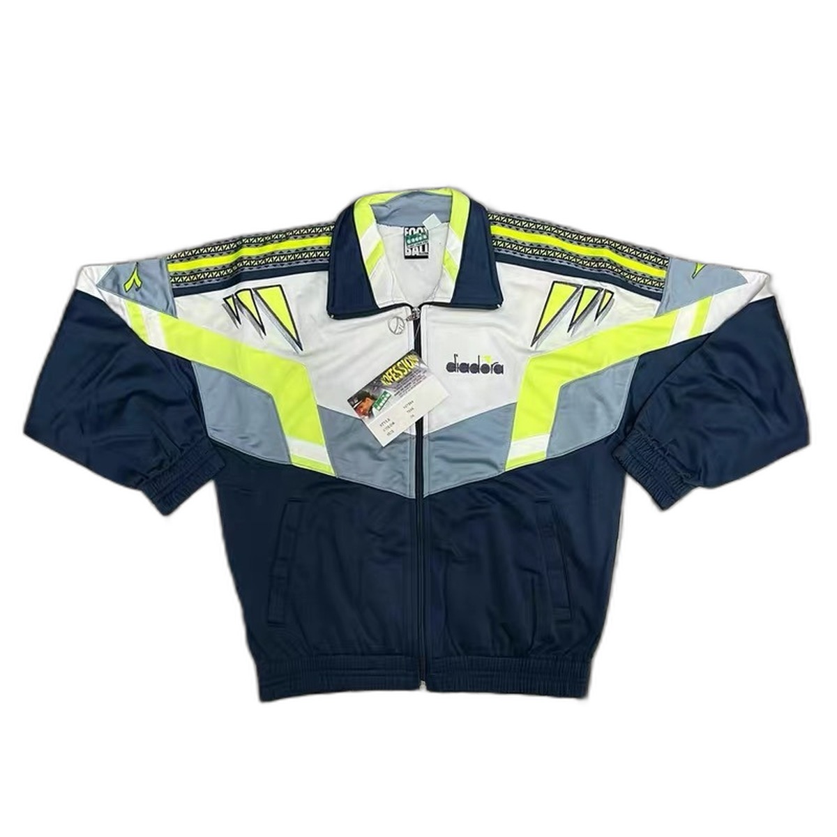 Size L — Vintage Diadora 90s Tracksuit Set Deadstock Navy Grey Neon Full Zip